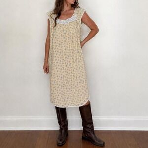 Vintage Pastel Yellow Floral Dress Women M-L Coquette Balletcore Prairie Coastal